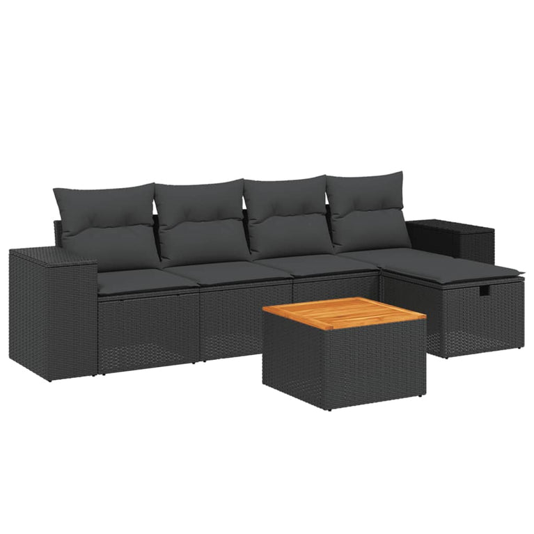 6-delige Loungeset met kussens poly rattan zwart