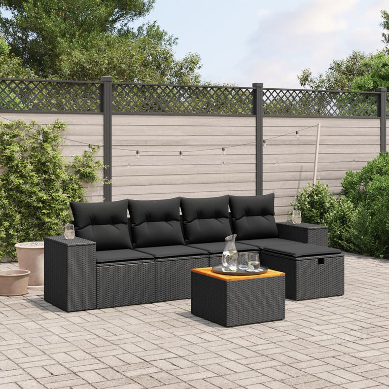 6-delige Loungeset met kussens poly rattan zwart