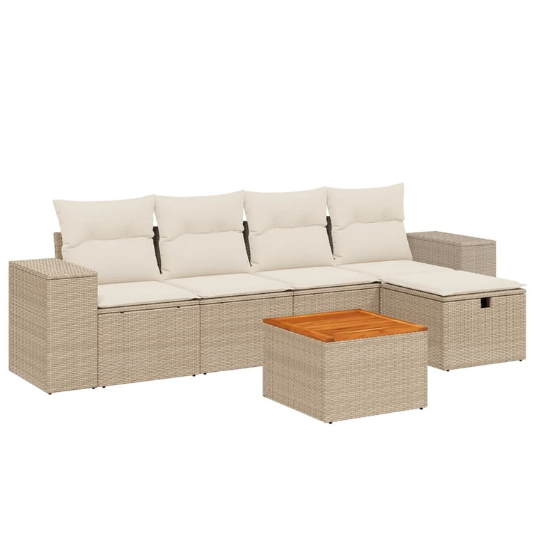 6-delige Loungeset met kussens poly rattan beige