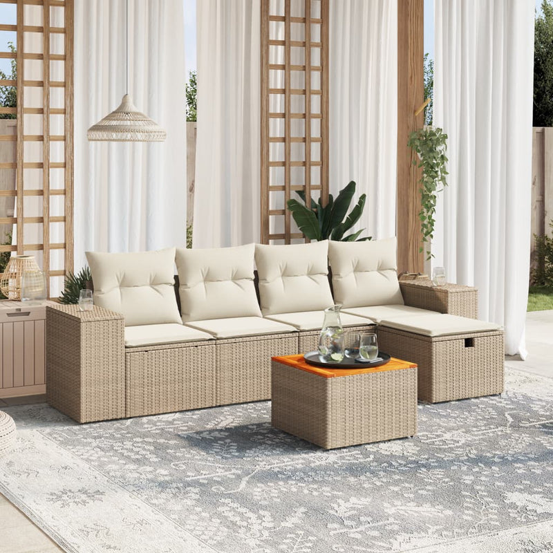 6-delige Loungeset met kussens poly rattan beige