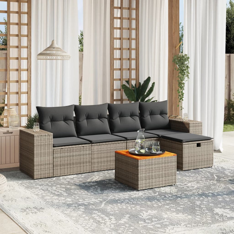 6-delige Loungeset met kussens poly rattan grijs
