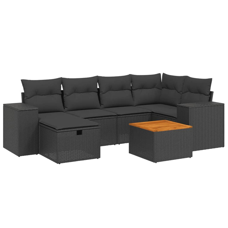 7-delige Loungeset met kussens poly rattan zwart