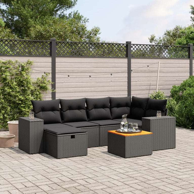 7-delige Loungeset met kussens poly rattan zwart