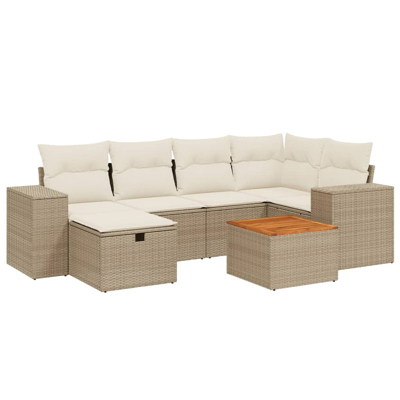 7-delige Loungeset met kussens poly rattan beige