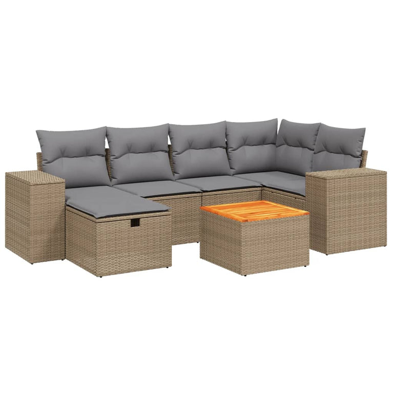 7-delige Loungeset met kussens poly rattan gemengd beige
