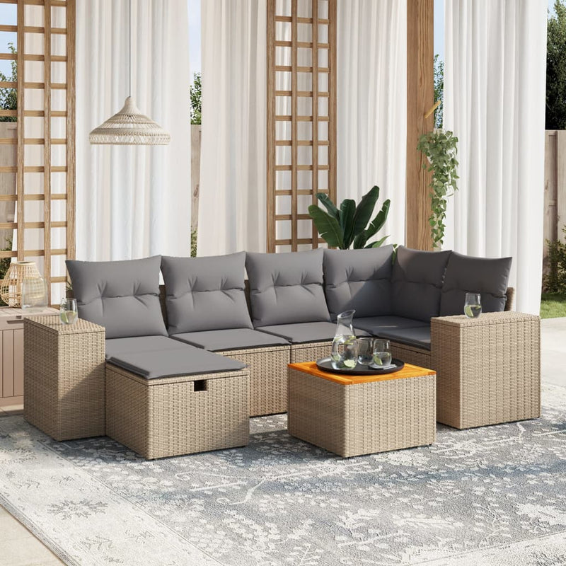 7-delige Loungeset met kussens poly rattan gemengd beige