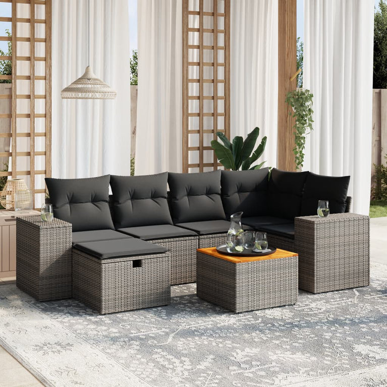 7-delige Loungeset met kussens poly rattan grijs