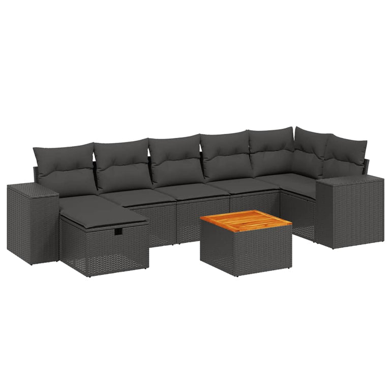 8-delige Loungeset met kussens poly rattan zwart