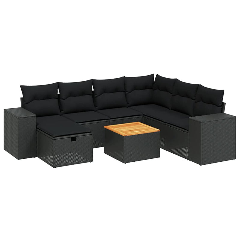 8-delige Loungeset met kussens poly rattan zwart