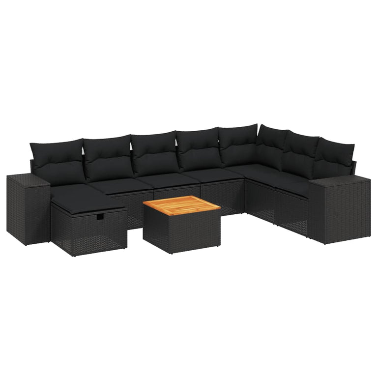 9-delige Loungeset met kussens poly rattan zwart