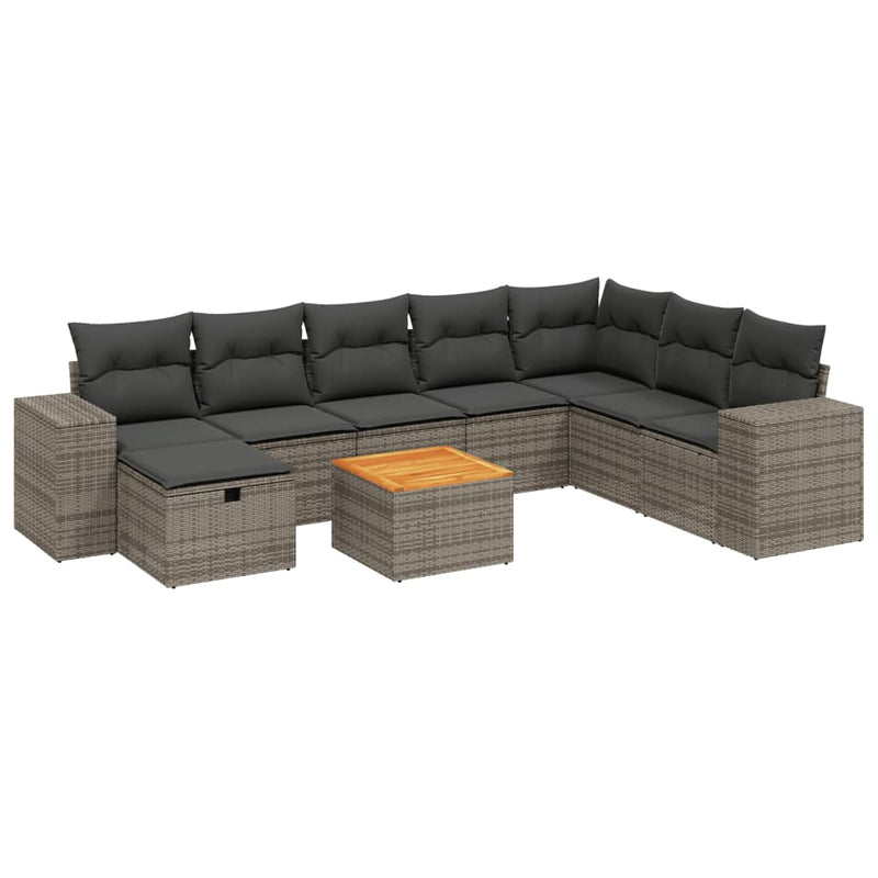 9-delige Loungeset met kussens poly rattan grijs