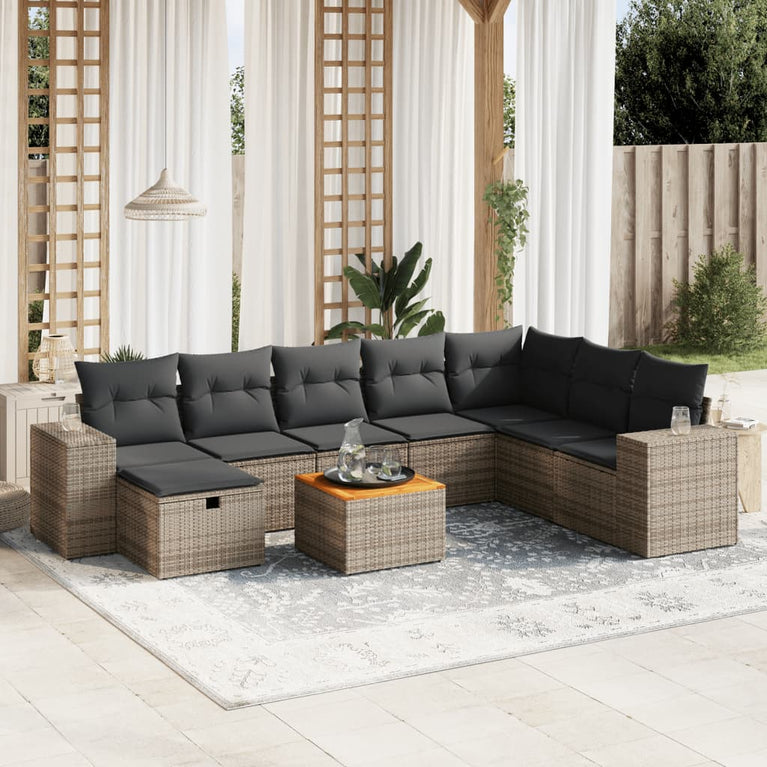 9-delige Loungeset met kussens poly rattan grijs