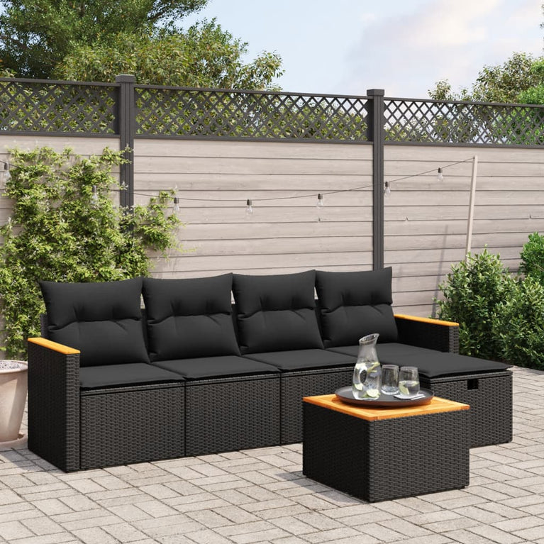 6-delige Loungeset met kussens poly rattan zwart