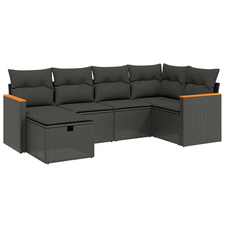 6-delige Loungeset met kussens poly rattan zwart