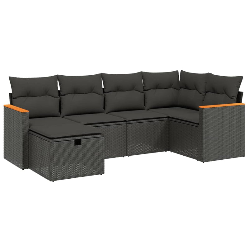 6-delige Loungeset met kussens poly rattan zwart
