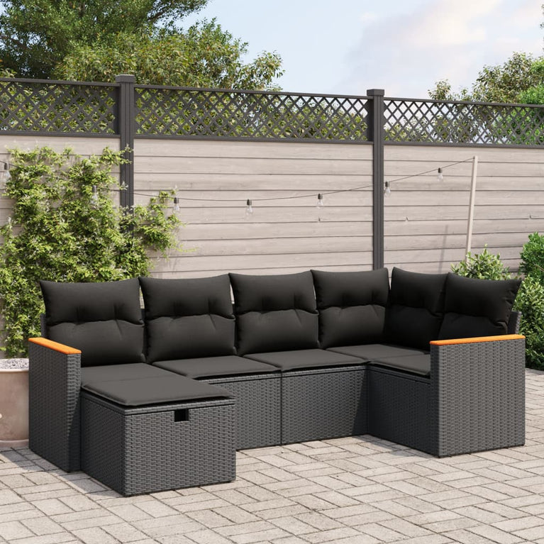 6-delige Loungeset met kussens poly rattan zwart