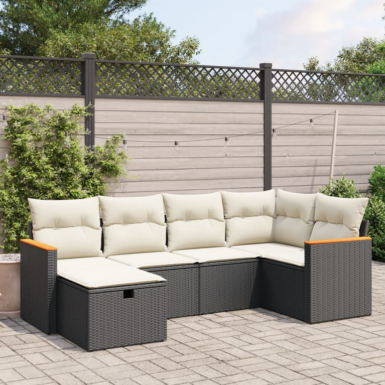 6-delige Loungeset met kussens poly rattan zwart