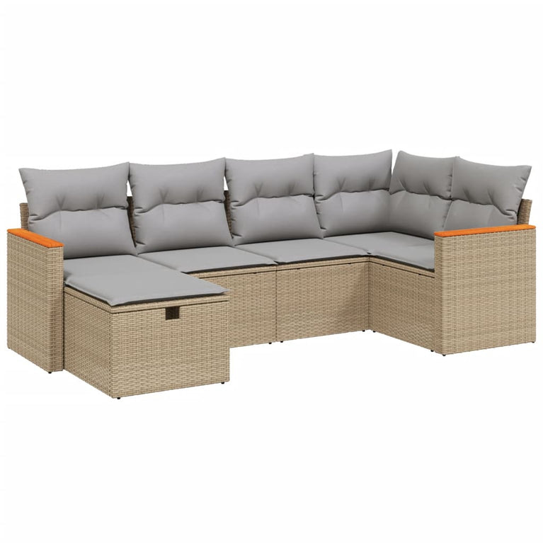 6-delige Loungeset met kussens poly rattan gemengd beige