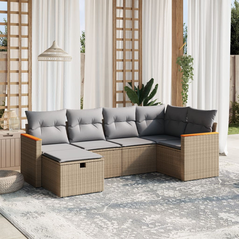 6-delige Loungeset met kussens poly rattan gemengd beige
