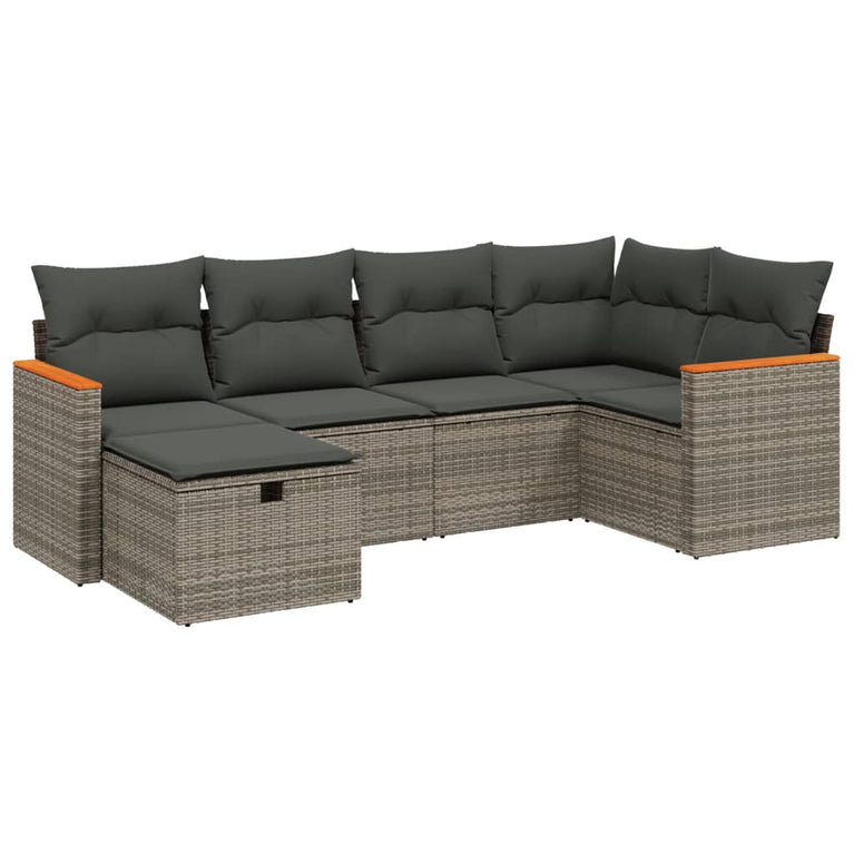 6-delige Loungeset met kussens poly rattan grijs