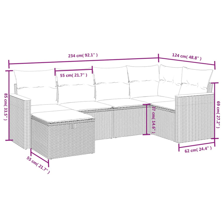 6-delige Loungeset met kussens poly rattan grijs