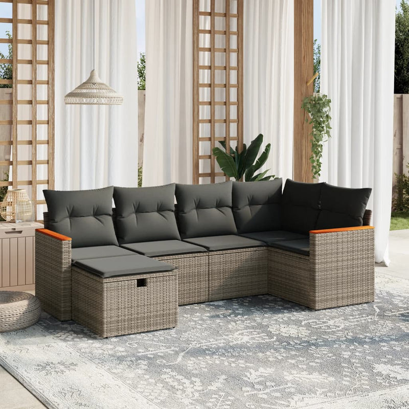6-delige Loungeset met kussens poly rattan grijs