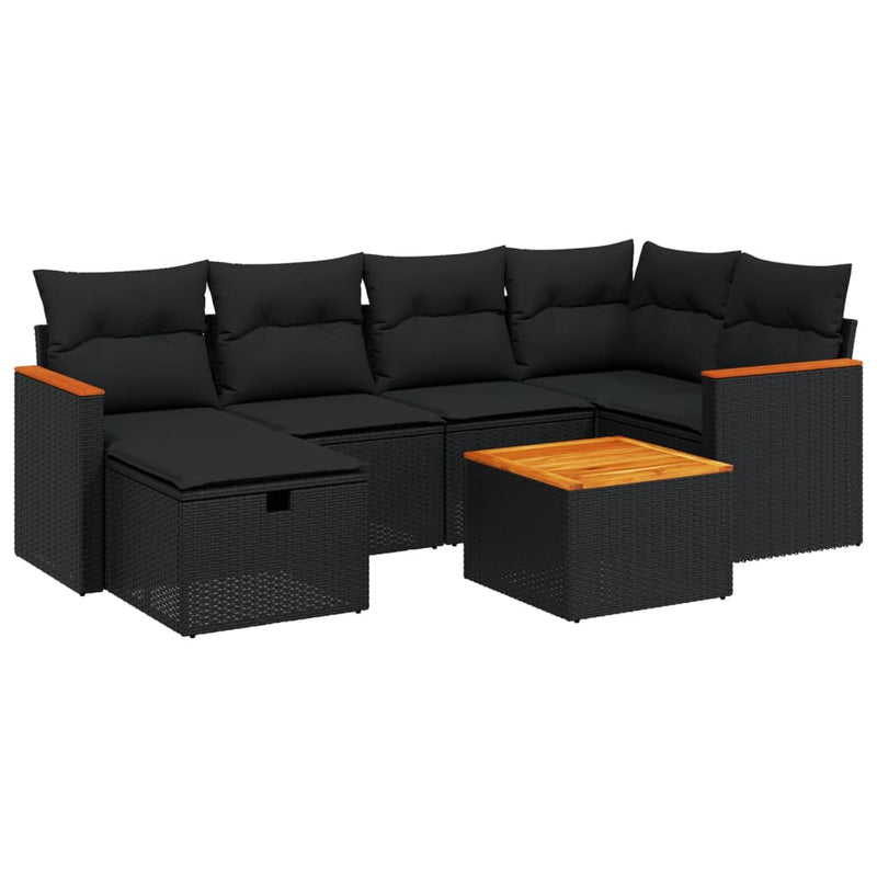 7-delige Loungeset met kussens poly rattan zwart