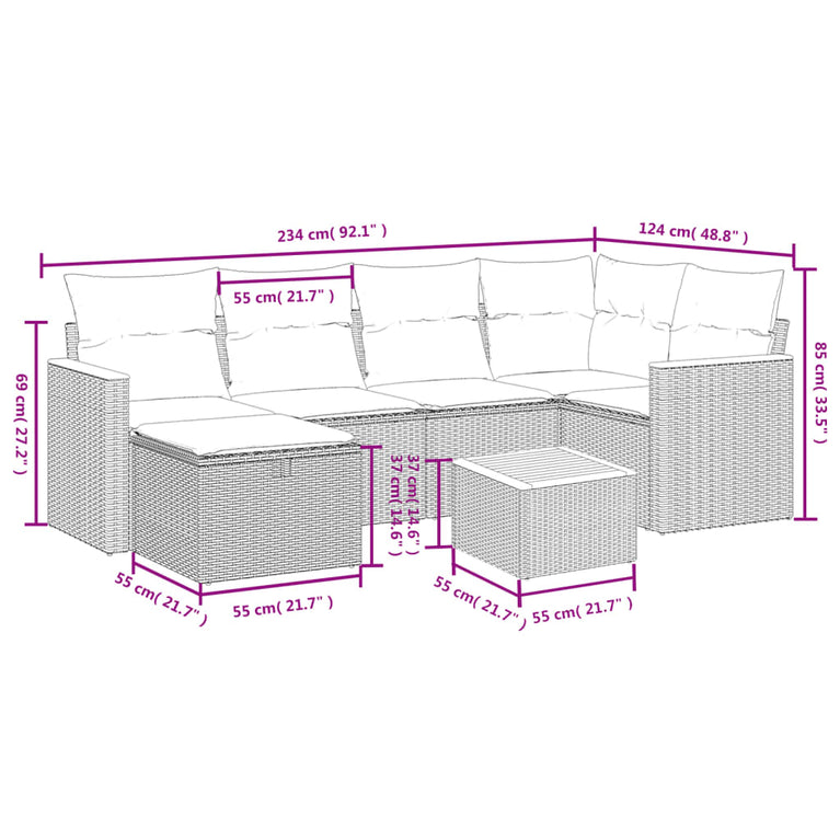 7-delige Loungeset met kussens poly rattan zwart