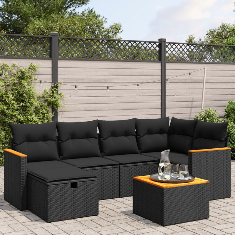 7-delige Loungeset met kussens poly rattan zwart