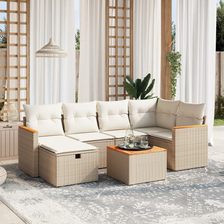 7-delige Loungeset met kussens poly rattan beige