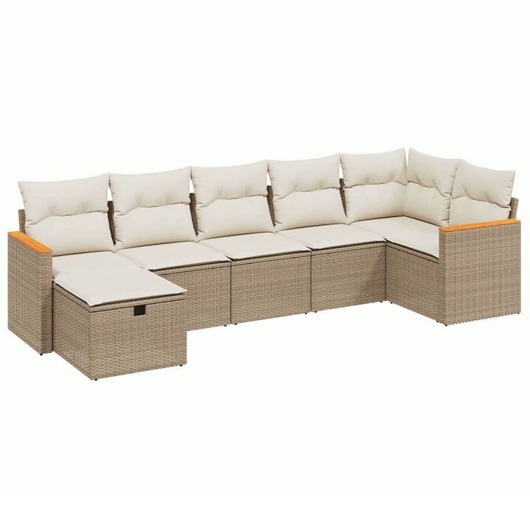 7-delige Loungeset met kussens poly rattan beige