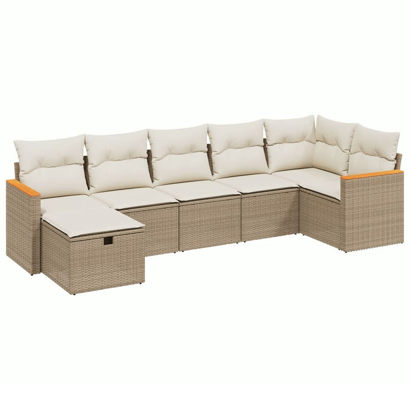 7-delige Loungeset met kussens poly rattan beige