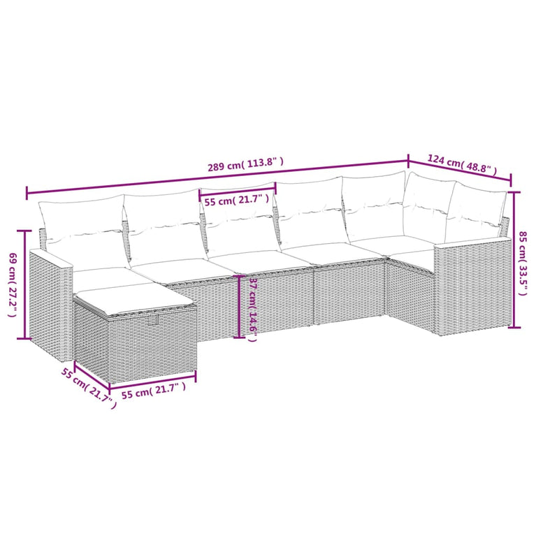 7-delige Loungeset met kussens poly rattan gemengd beige