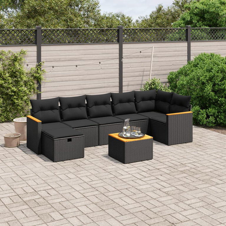8-delige Loungeset met kussens poly rattan zwart