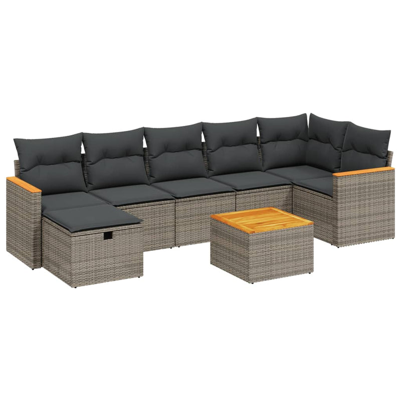 8-delige Loungeset met kussens poly rattan grijs