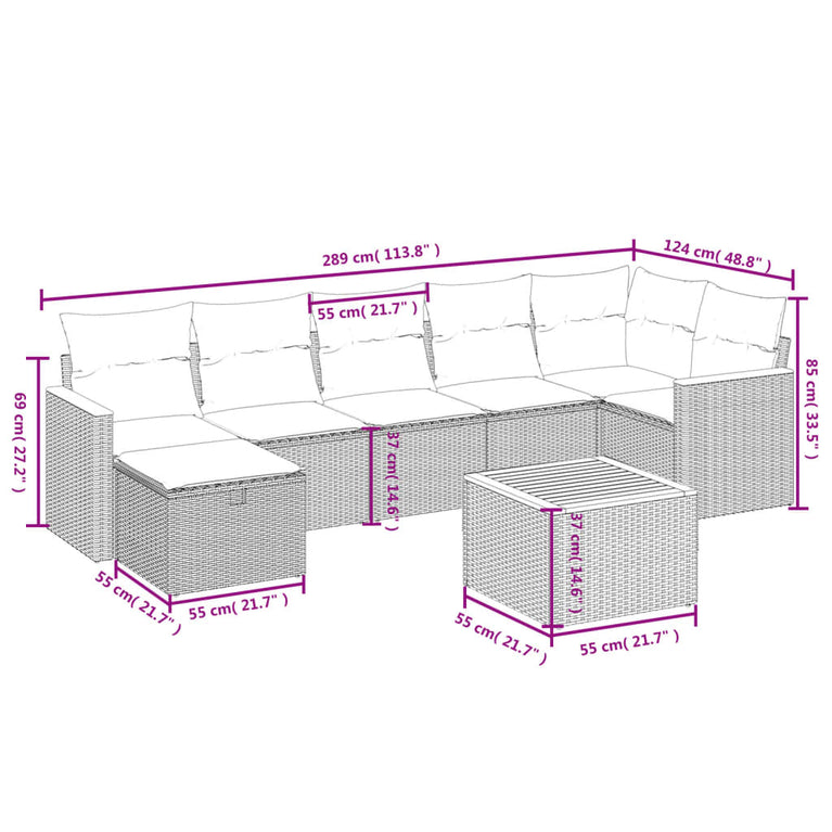 8-delige Loungeset met kussens poly rattan grijs