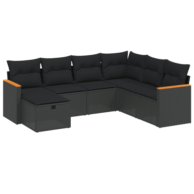 7-delige Loungeset met kussens poly rattan zwart