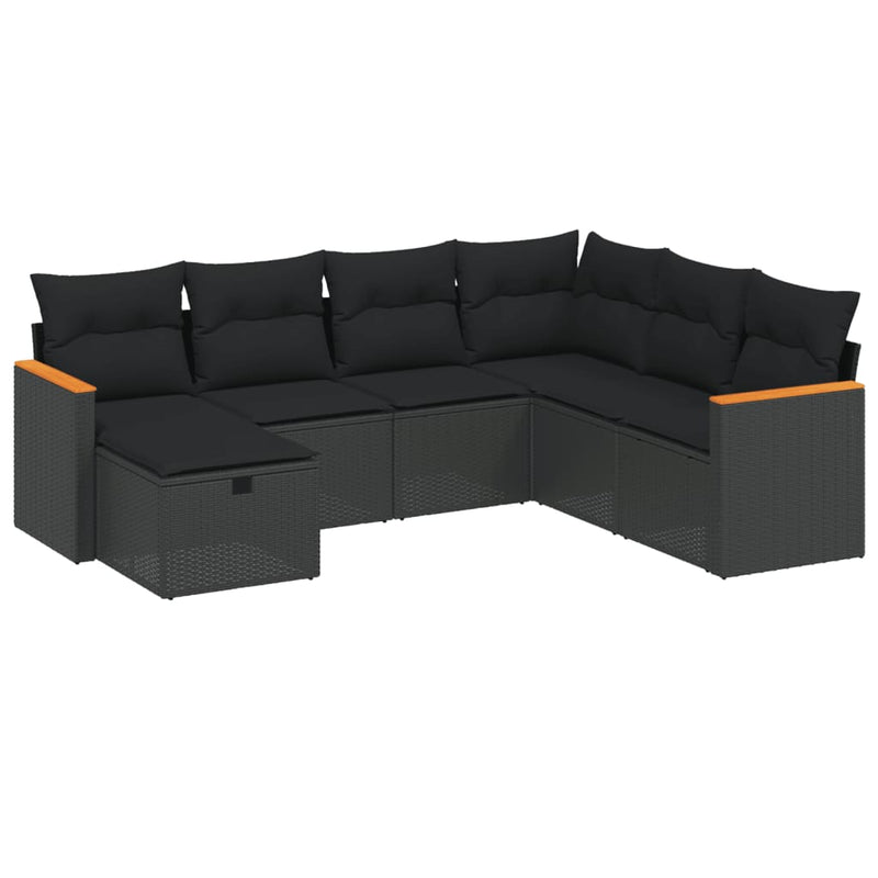 7-delige Loungeset met kussens poly rattan zwart
