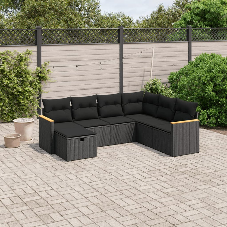 7-delige Loungeset met kussens poly rattan zwart