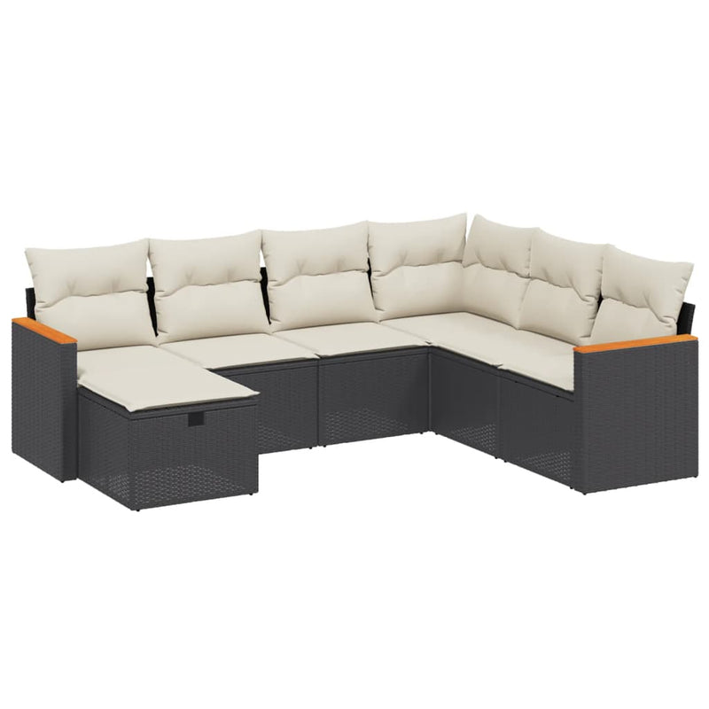 7-delige Loungeset met kussens poly rattan zwart