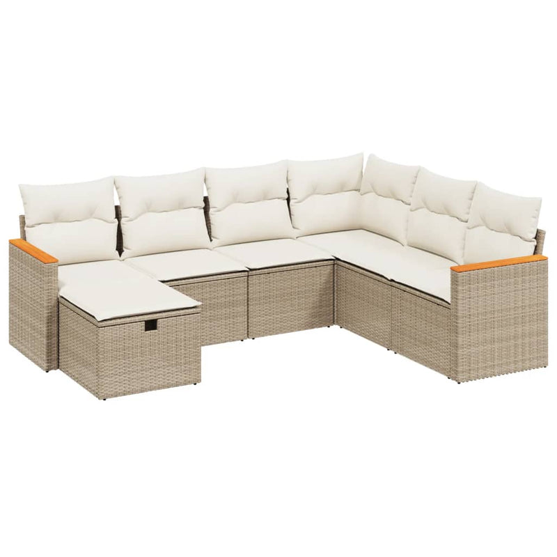 7-delige Loungeset met kussens poly rattan beige