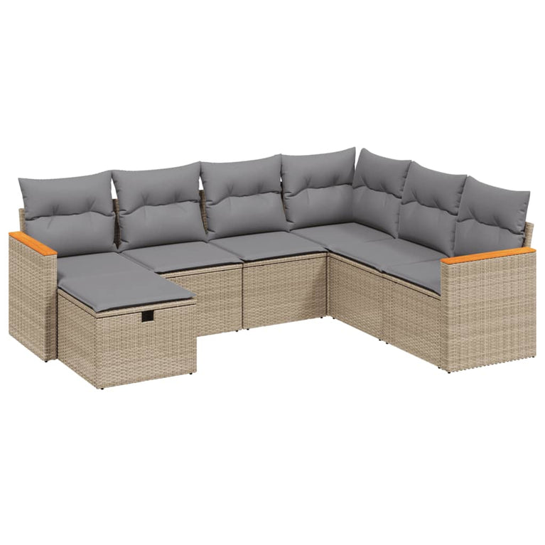 7-delige Loungeset met kussens poly rattan gemengd beige