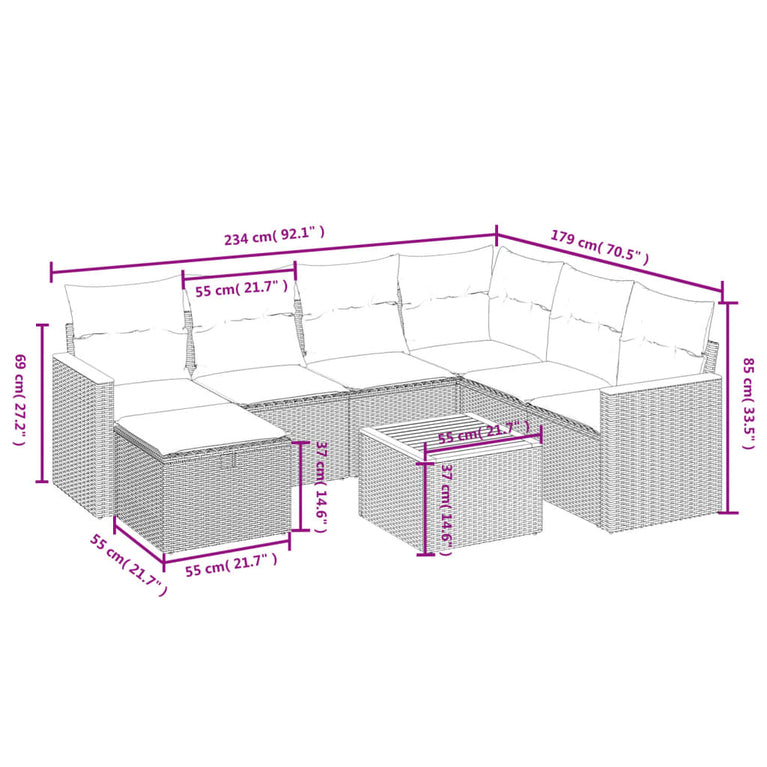 8-delige Loungeset met kussens poly rattan beige