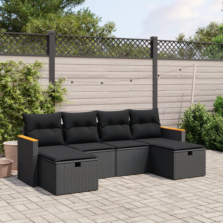 6-delige Loungeset met kussens poly rattan zwart