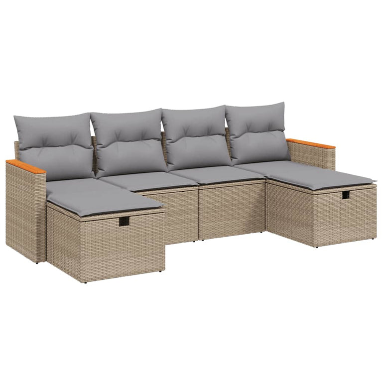6-delige Loungeset met kussens poly rattan gemengd beige