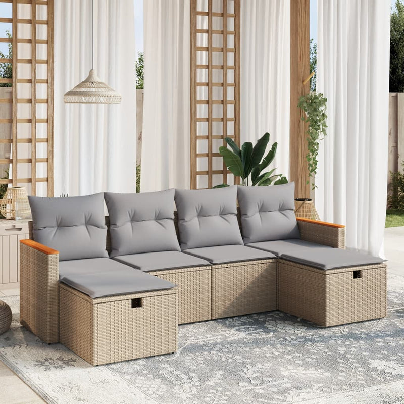 6-delige Loungeset met kussens poly rattan gemengd beige