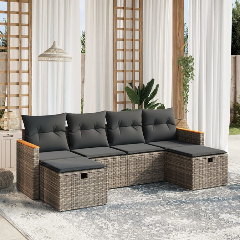 6-delige Loungeset met kussens poly rattan grijs