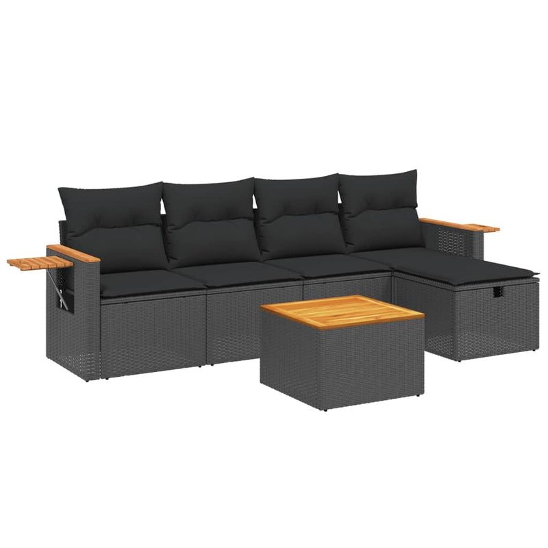 6-delige Loungeset met kussens poly rattan zwart