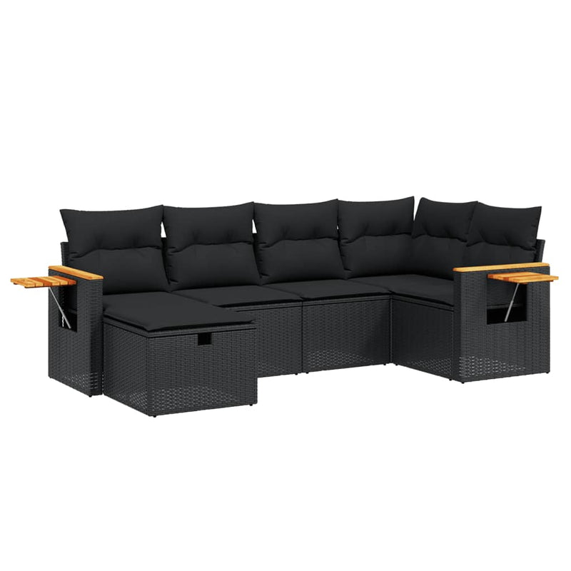 6-delige Loungeset met kussens poly rattan zwart