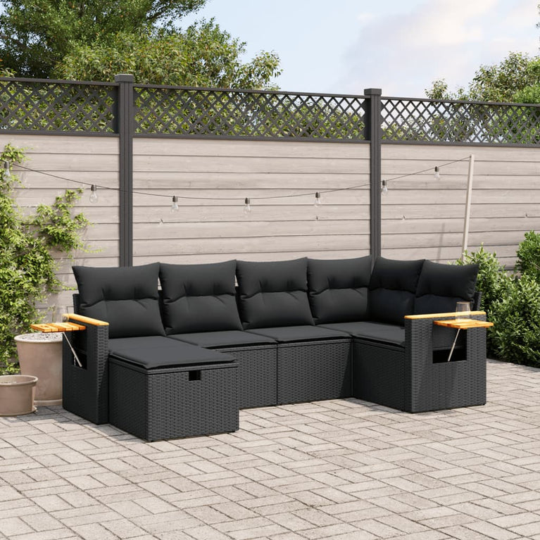 6-delige Loungeset met kussens poly rattan zwart